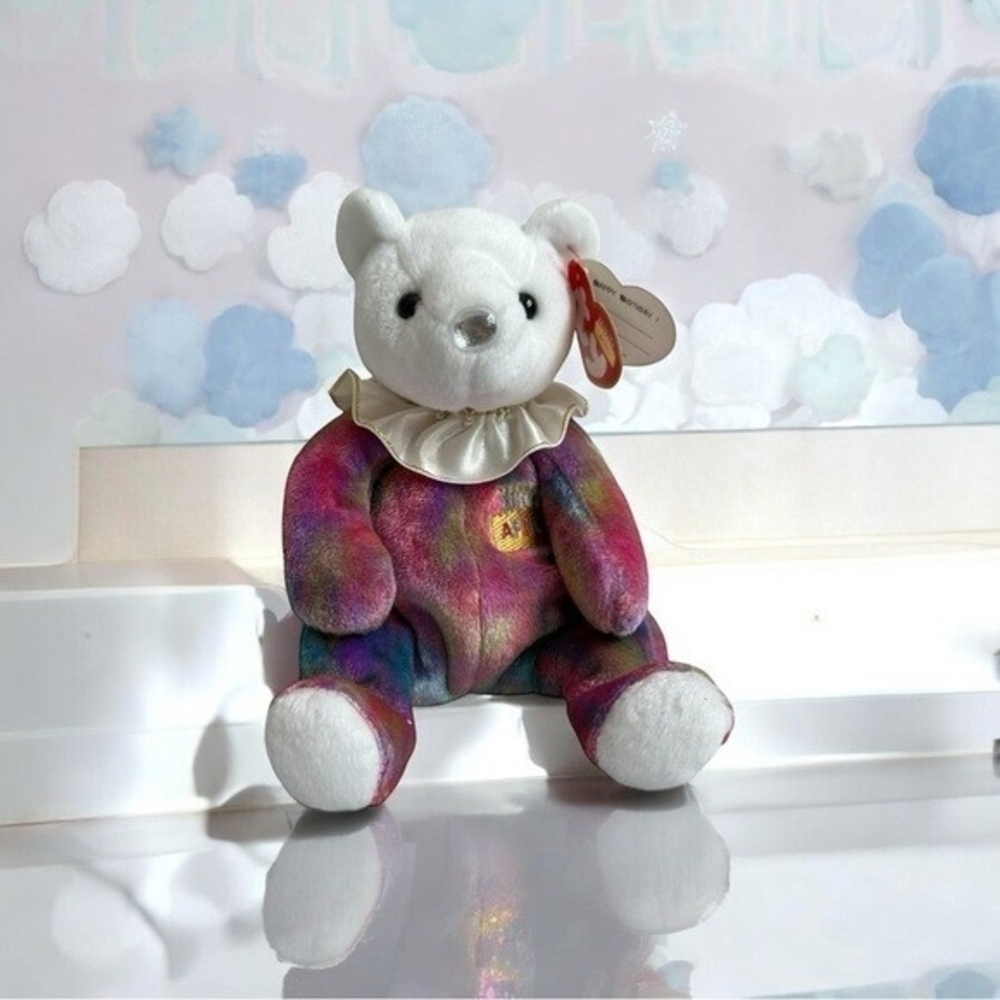 TY Beanie Baby 2001 April Birthday Bear 9" Diamond Nose Multicolored NWT